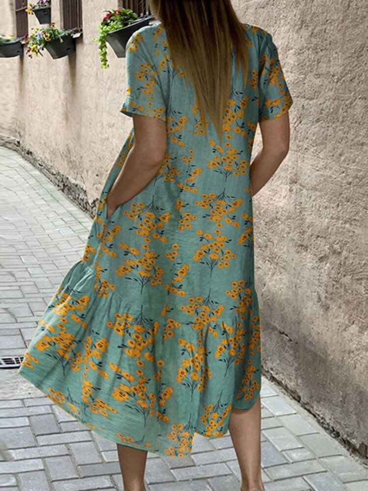 Vestidos A Media Pierna De Manga Corta Con Dobladillo Alto Y Bajo Con Estampado De Flores Para Mujer Con Bolsillo