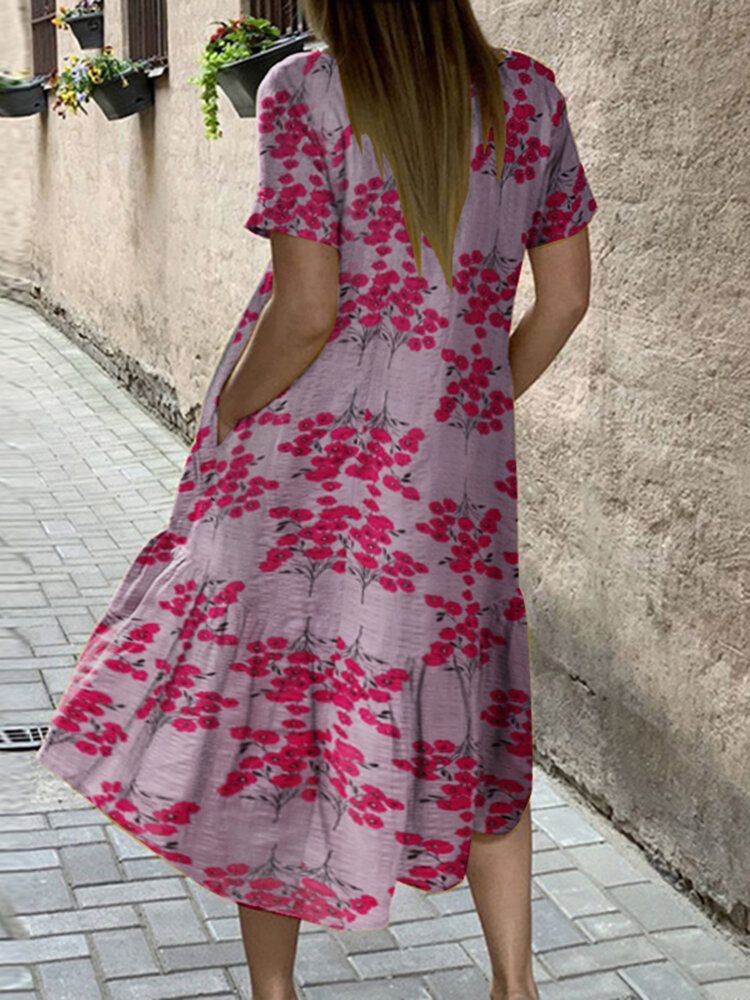 Vestidos A Media Pierna De Manga Corta Con Dobladillo Alto Y Bajo Con Estampado De Flores Para Mujer Con Bolsillo