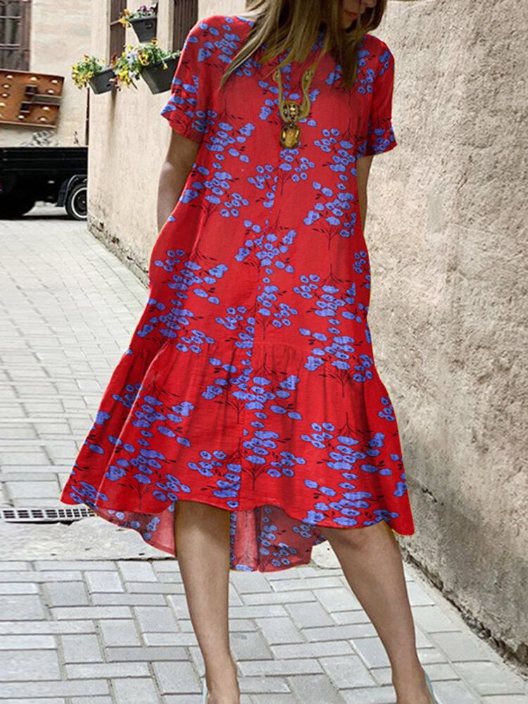 Vestidos A Media Pierna De Manga Corta Con Dobladillo Alto Y Bajo Con Estampado De Flores Para Mujer Con Bolsillo