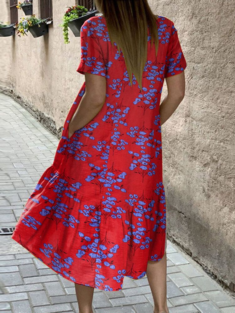 Vestidos A Media Pierna De Manga Corta Con Dobladillo Alto Y Bajo Con Estampado De Flores Para Mujer Con Bolsillo