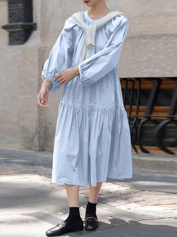 Vestidos Con Gradas Casuales De Manga Abullonada En La Espalda Con Cuello En O De Color Sólido