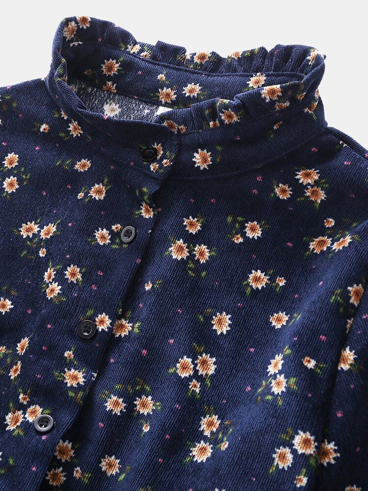 Vestidos De Manga Larga Con Cintura Elástica Y Botones Abiertos Con Cuello Alto Y Estampado Floral Para Mujer