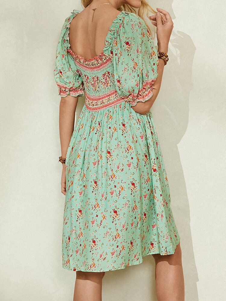 Vestidos Midi Vintage De Media Manga Con Detalle Fruncido Y Estampado Floral Ditsy Para Mujer