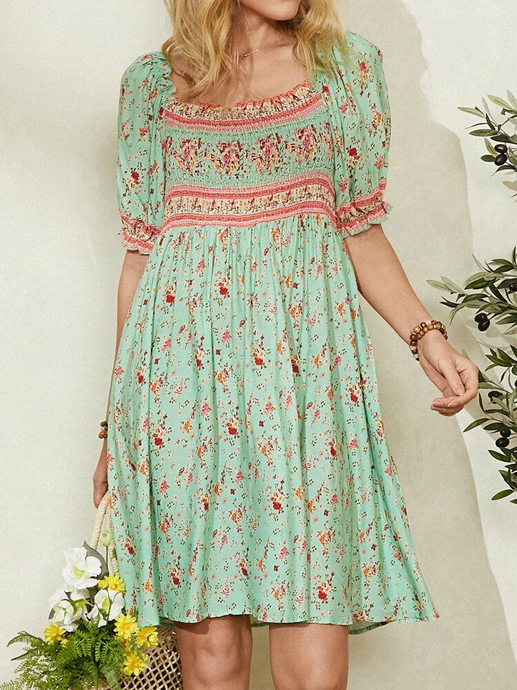 Vestidos Midi Vintage De Media Manga Con Detalle Fruncido Y Estampado Floral Ditsy Para Mujer