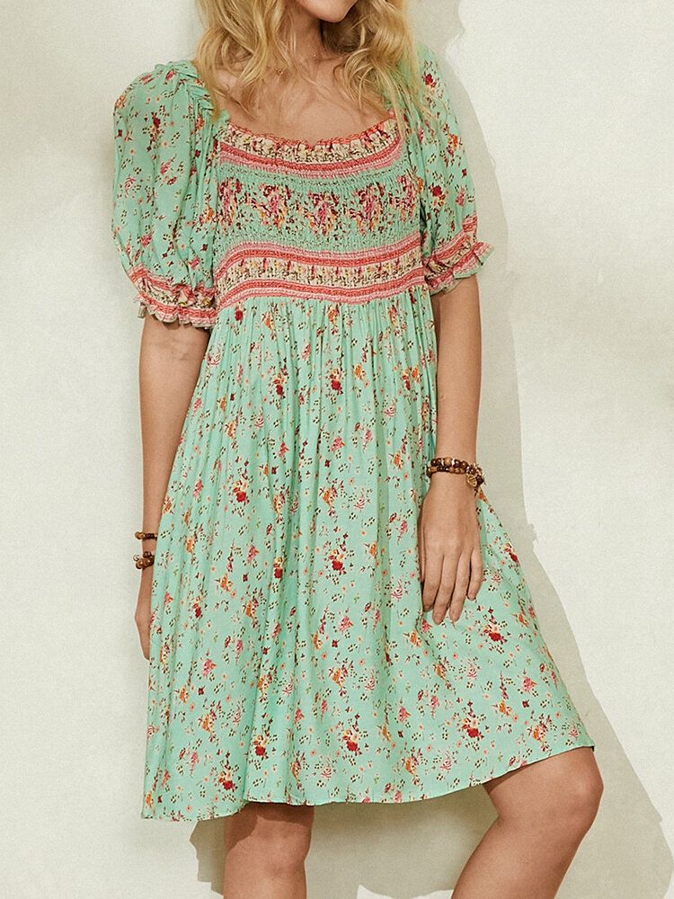 Vestidos Midi Vintage De Media Manga Con Detalle Fruncido Y Estampado Floral Ditsy Para Mujer