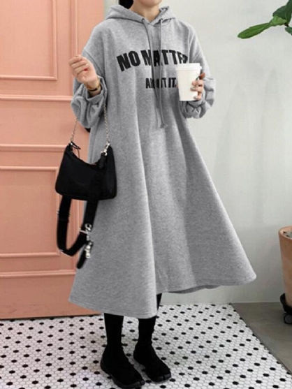 Vestidos De Sudadera Con Capucha Sencillos De Manga Larga Con Cordón Suelto Y Estampado De Letras Casuales Para Mujer