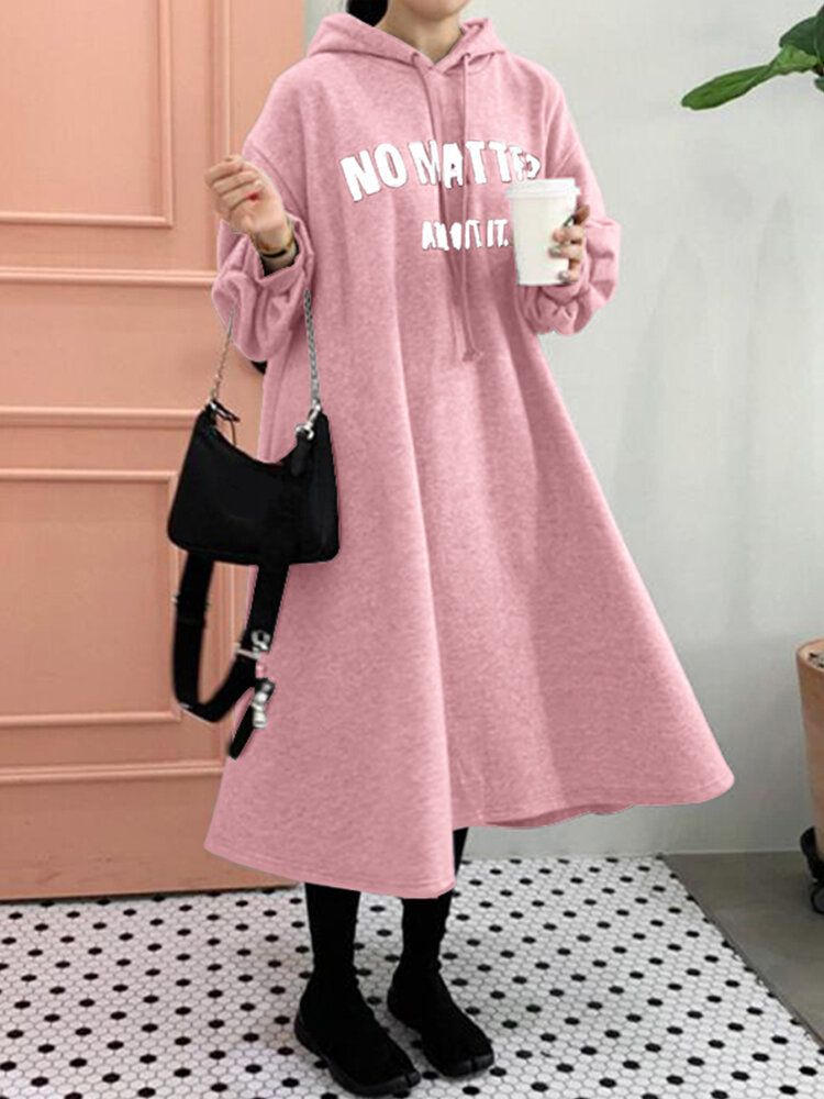 Vestidos De Sudadera Con Capucha Sencillos De Manga Larga Con Cordón Suelto Y Estampado De Letras Casuales Para Mujer