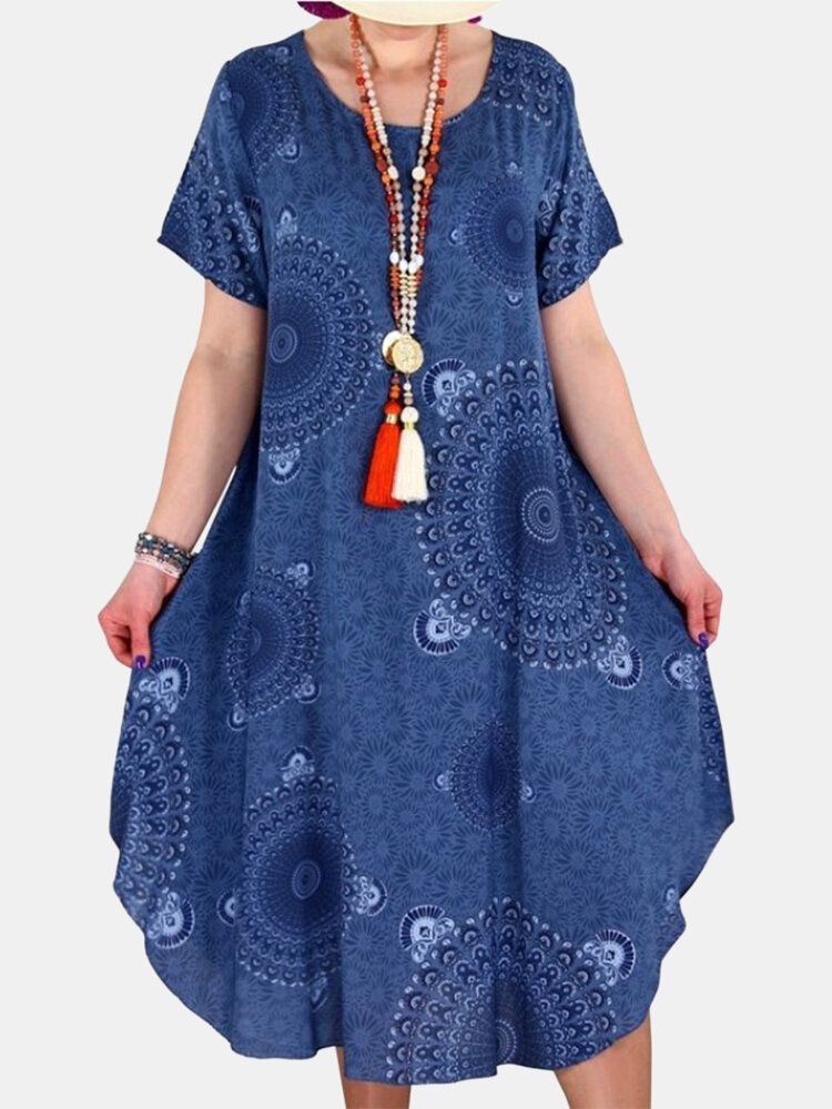 Vestidos Vintage De Manga Corta Con Cuello Redondo Y Estampado Tribal Para Mujer