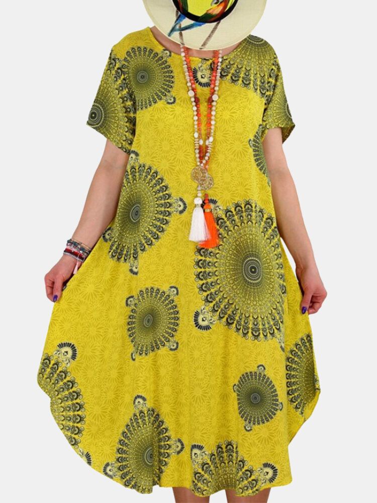 Vestidos Vintage De Manga Corta Con Cuello Redondo Y Estampado Tribal Para Mujer