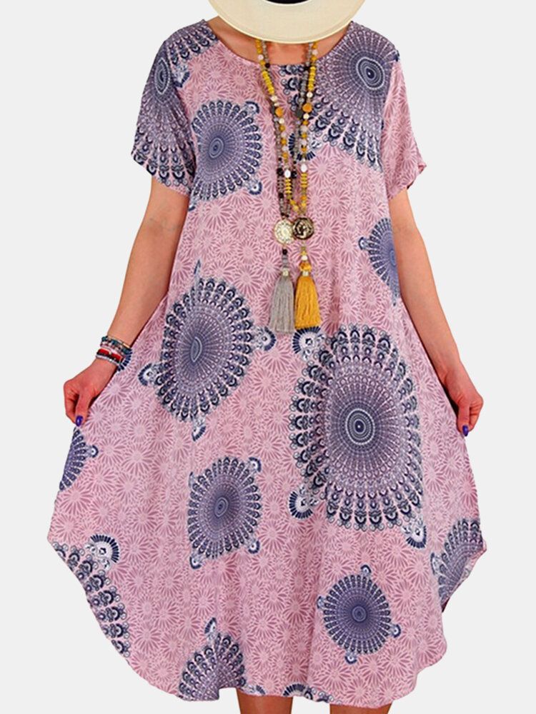 Vestidos Vintage De Manga Corta Con Cuello Redondo Y Estampado Tribal Para Mujer