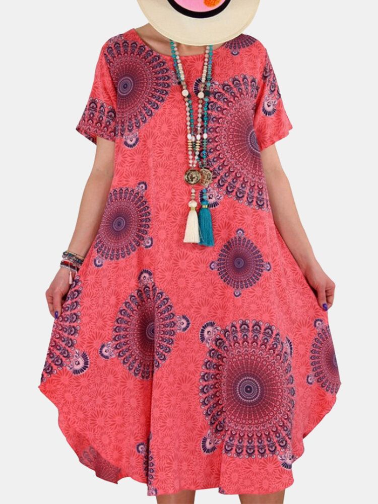 Vestidos Vintage De Manga Corta Con Cuello Redondo Y Estampado Tribal Para Mujer