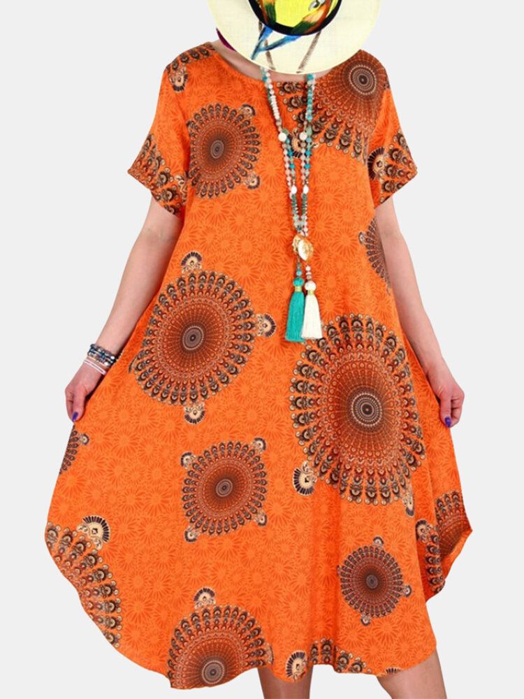 Vestidos Vintage De Manga Corta Con Cuello Redondo Y Estampado Tribal Para Mujer