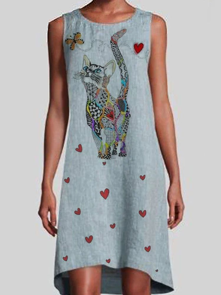 Vestidos Vintage Sin Mangas Con Estampado De Gato Colorido Para Mujer