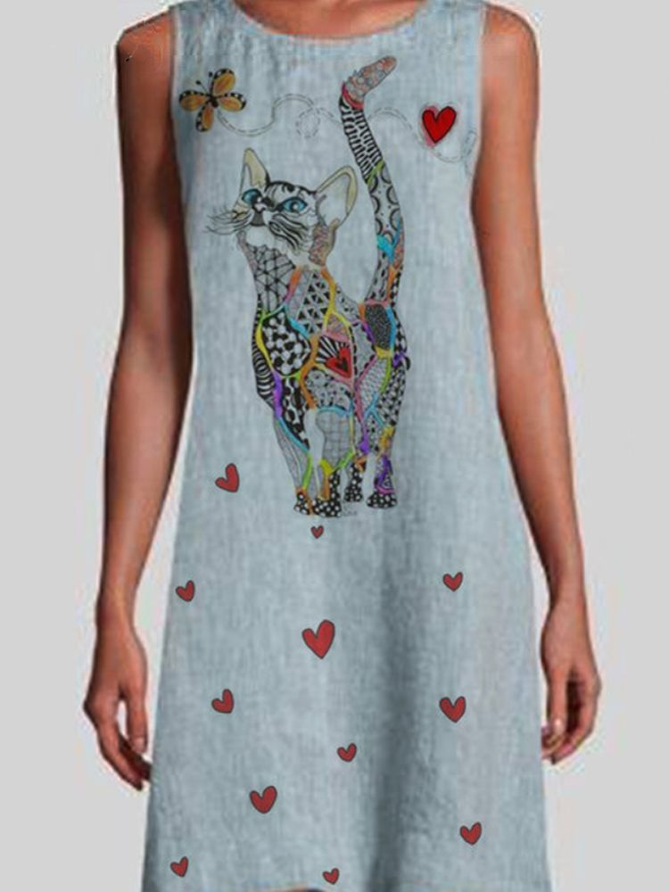 Vestidos Vintage Sin Mangas Con Estampado De Gato Colorido Para Mujer