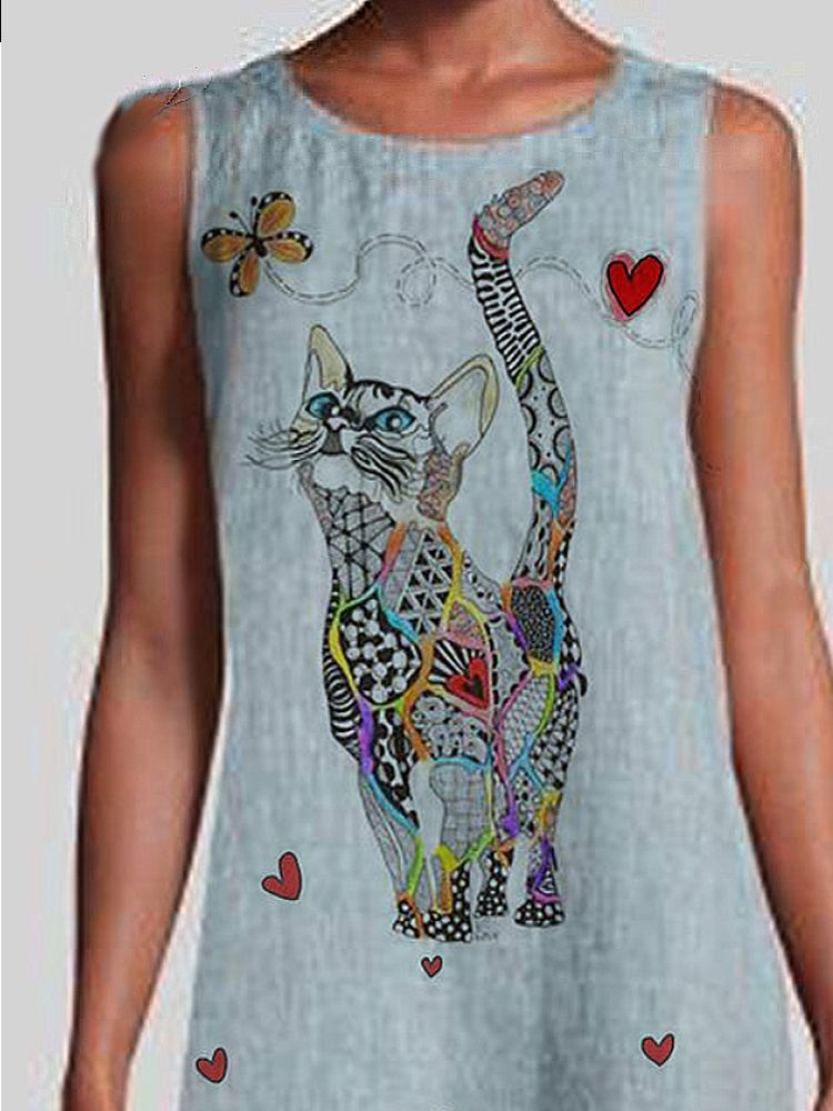 Vestidos Vintage Sin Mangas Con Estampado De Gato Colorido Para Mujer