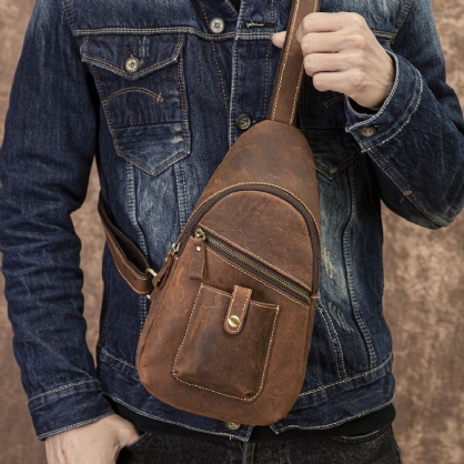 Bolso Bandolera Con Múltiples Bolsillos De Negocios Retro De Cuero Genuino Para Hombres