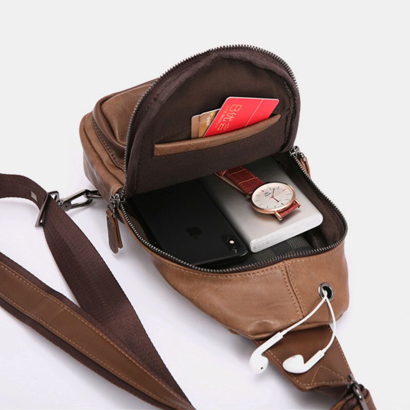 Bolso Bandolera Con Orificio Para Auriculares Con Múltiples Bolsillos De Cuero Pu Para Hombres Bolso Bandolera En El Pecho