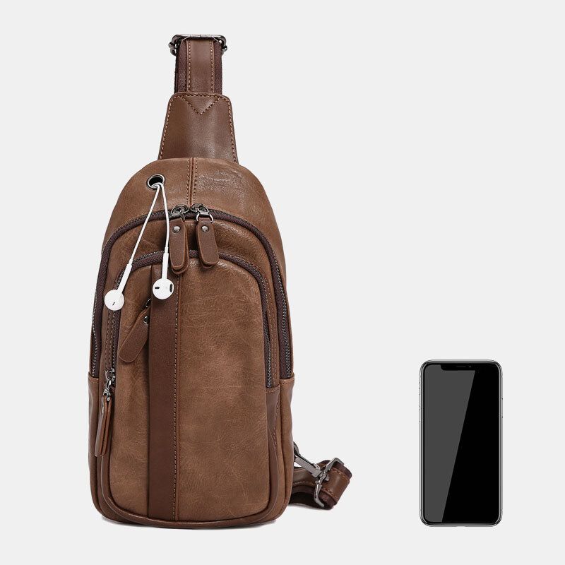 Bolso Bandolera Con Orificio Para Auriculares Con Múltiples Bolsillos De Cuero Pu Para Hombres Bolso Bandolera En El Pecho