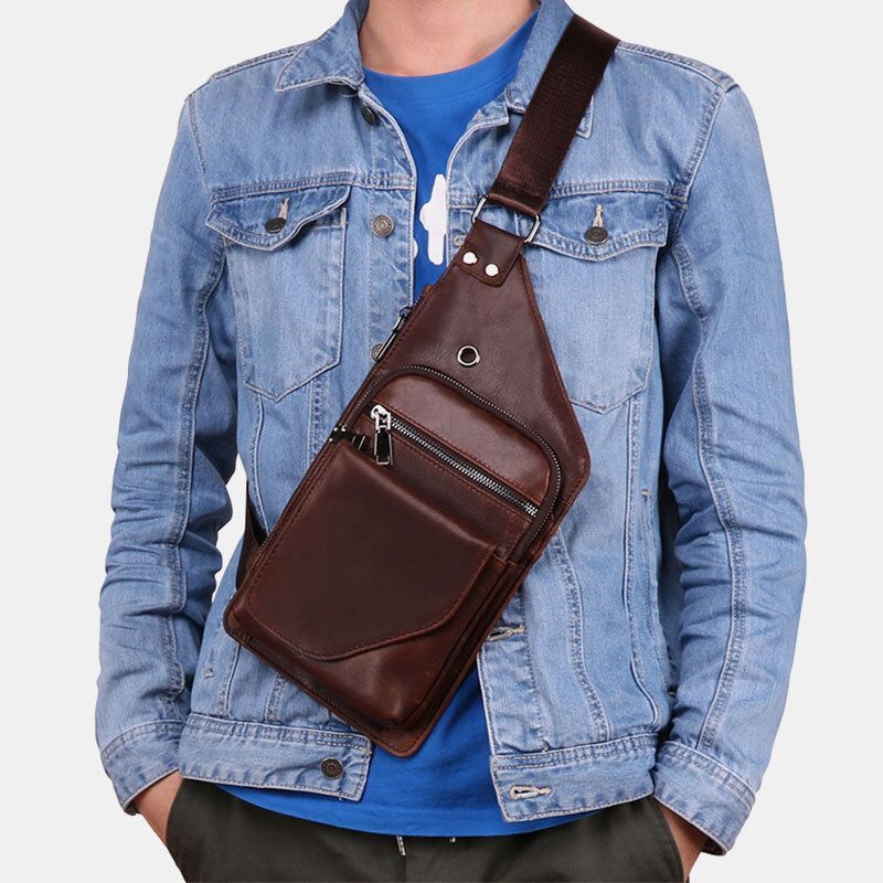 Bolso Bandolera De Cuero De Negocios Retro De Cuero Genuino Para Hombres Con Orificio Para Auriculares