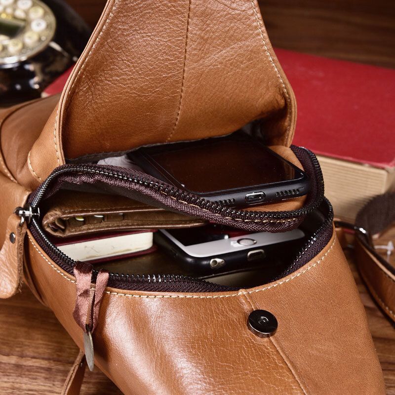 Bolso De Cuero De Primera Capa De Cuero Genuino Para Hombres Bolso De Hombro De Transporte Múltiple Informal Bolso De Pecho