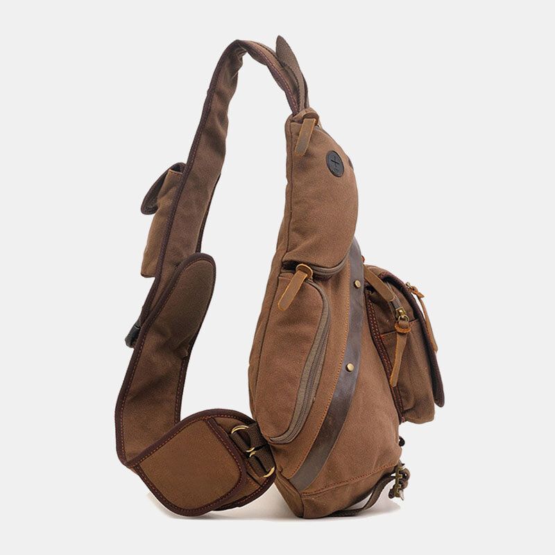 Bolso De Transporte Al Aire Libre De Viaje De Lona Y Cuero Genuino Para Hombres Bolso Bandolera Multibolsillos Bolso En El Pecho