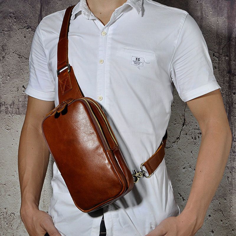 Bolsos Múltiples De Cuero Genuino Para Hombres 9 Pulgadas Bolsas De Pecho De Teléfono Con Compartimento Doble De Gran Capacidad Bolso Bandolera