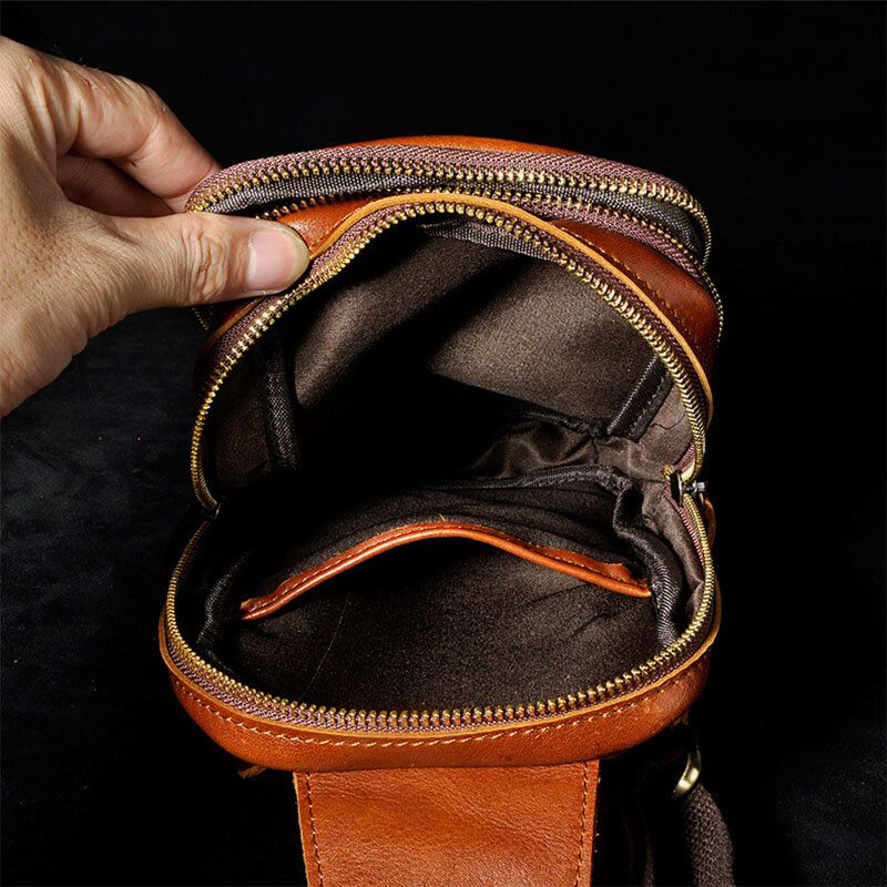 Bolsos Múltiples De Cuero Genuino Para Hombres 9 Pulgadas Bolsas De Pecho De Teléfono Con Compartimento Doble De Gran Capacidad Bolso Bandolera