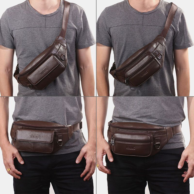 Hombres De Cuero Genuino Color Sólido Multi-carry Crossbody Bag Chest Bag Belt Bag Riñonera