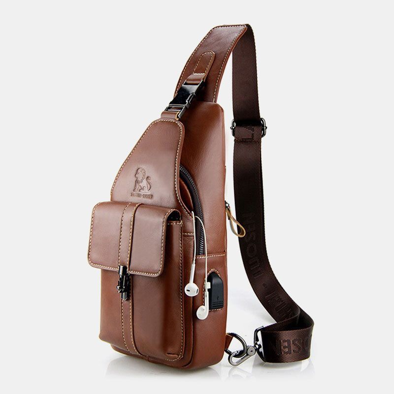 Hombres De Cuero Genuino Con Carga Usb Retro Casual Pecho De Piel De Vaca Bolsa Sling Bag Crossbody Bag