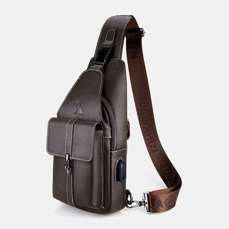 Hombres De Cuero Genuino Con Carga Usb Retro Casual Pecho De Piel De Vaca Bolsa Sling Bag Crossbody Bag