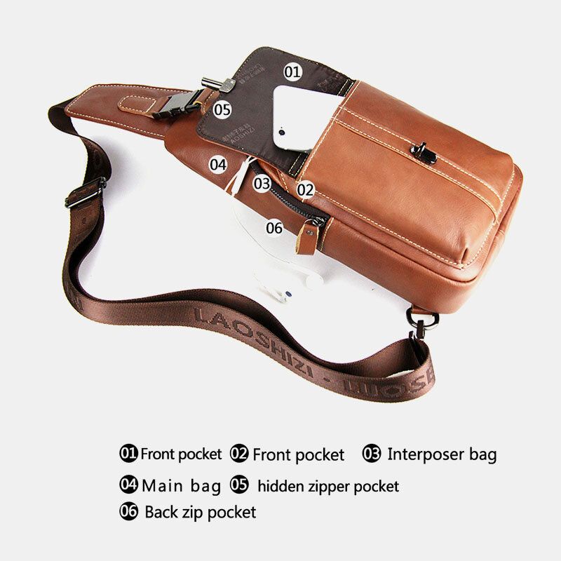 Hombres De Cuero Genuino Con Carga Usb Retro Casual Pecho De Piel De Vaca Bolsa Sling Bag Crossbody Bag