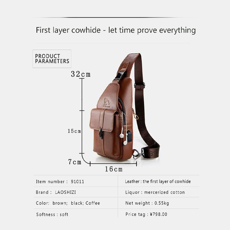 Hombres De Cuero Genuino Con Carga Usb Retro Casual Pecho De Piel De Vaca Bolsa Sling Bag Crossbody Bag