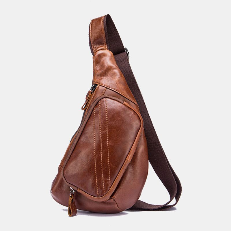 Hombres De Cuero Genuino Con Múltiples Bolsillos Retro 9 Pulgadas De Gran Capacidad Bolsas De Pecho Para Teléfono A Prueba De Agua Bolso Bandolera