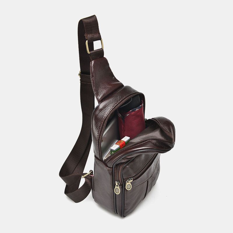 Hombres De Cuero Genuino Moda Retro Casual Bolso De Hombro De Cuero De Gran Capacidad Bolso De Pecho