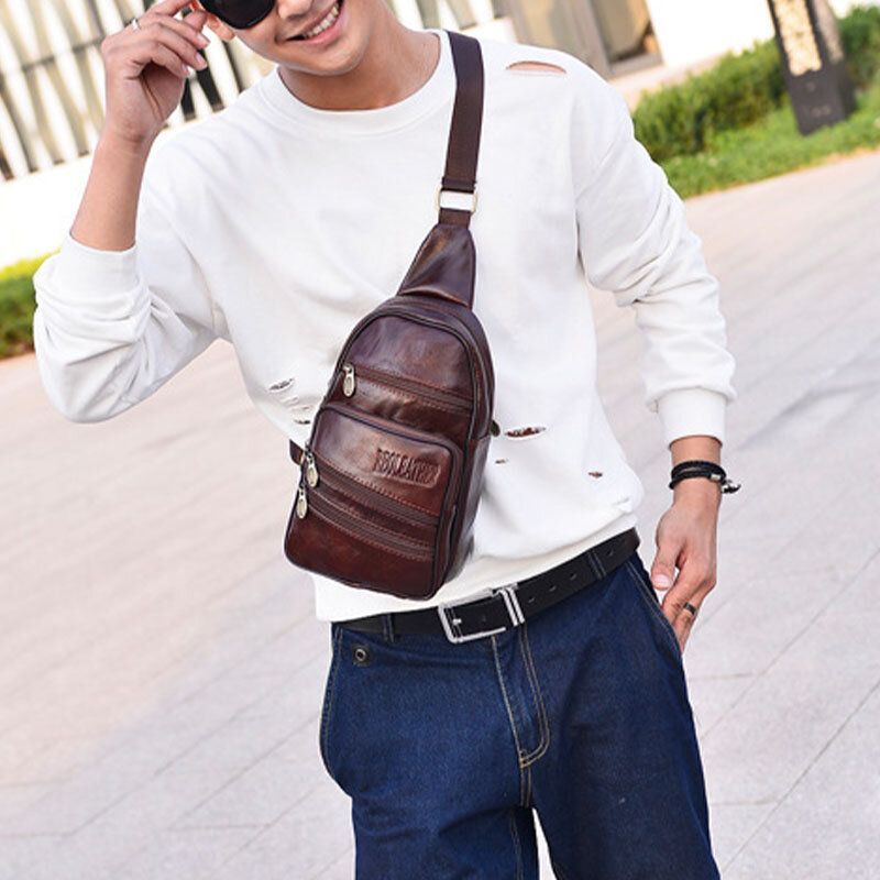 Hombres De Cuero Genuino Moda Retro Casual Bolso De Hombro De Cuero De Gran Capacidad Bolso De Pecho