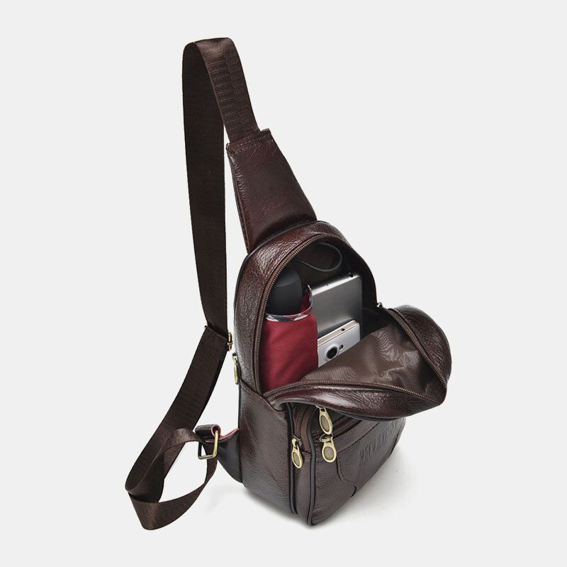 Hombres De Cuero Genuino Moda Retro Casual Bolso De Hombro De Cuero Bolso De Pecho