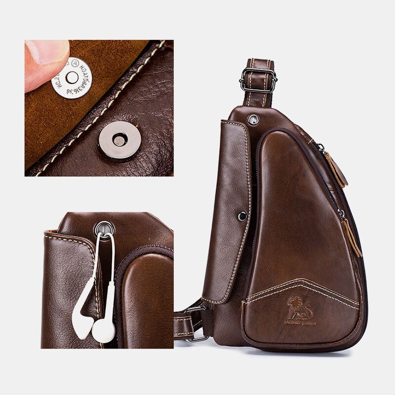 Hombres De Cuero Genuino De Piel De Vaca Con Forma De Triángulo Moda Retro Bolso De Hombro De Negocios Bolso En El Pecho