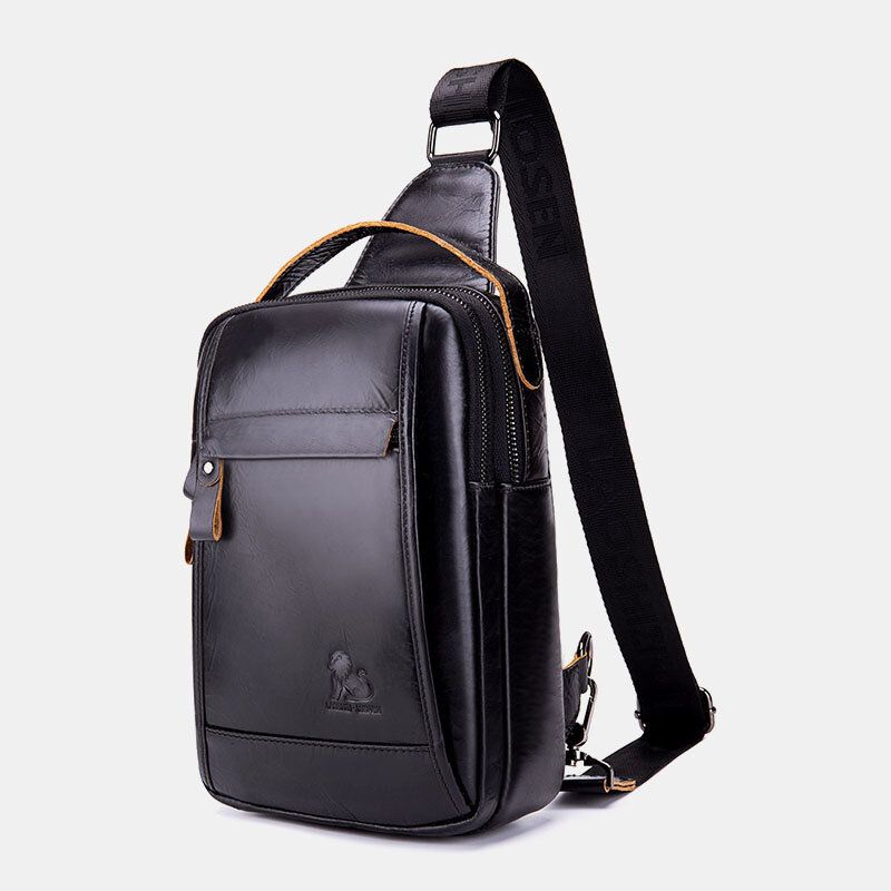 Hombres De Cuero Genuino Retro Negocios Casual Color Sólido Bolso De Hombro De Cuero Bolso Bandolera Bolso En El Pecho