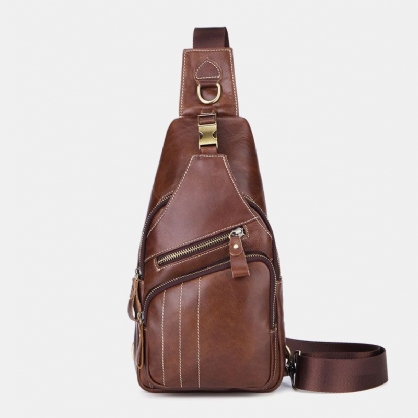 Hombres De Cuero Genuino Retro Negocios Casual Color Sólido Bolso De Hombro De Cuero Bolso Bandolera Bolso En El Pecho