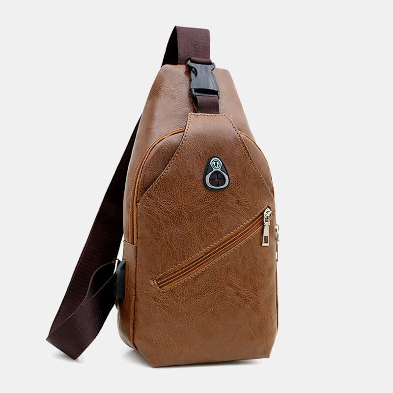 Hombres De Cuero De Imitación De Carga Usb Auriculares Viajes Retro Business Chest Bag Crossbody Bag