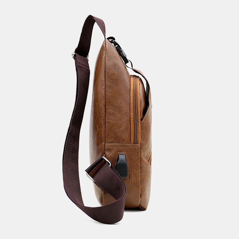 Hombres De Cuero De Imitación De Carga Usb Auriculares Viajes Retro Business Chest Bag Crossbody Bag