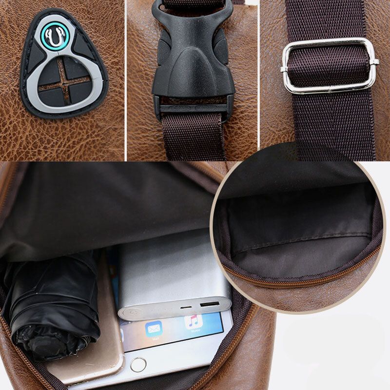 Hombres De Cuero De Imitación De Carga Usb Auriculares Viajes Retro Business Chest Bag Crossbody Bag