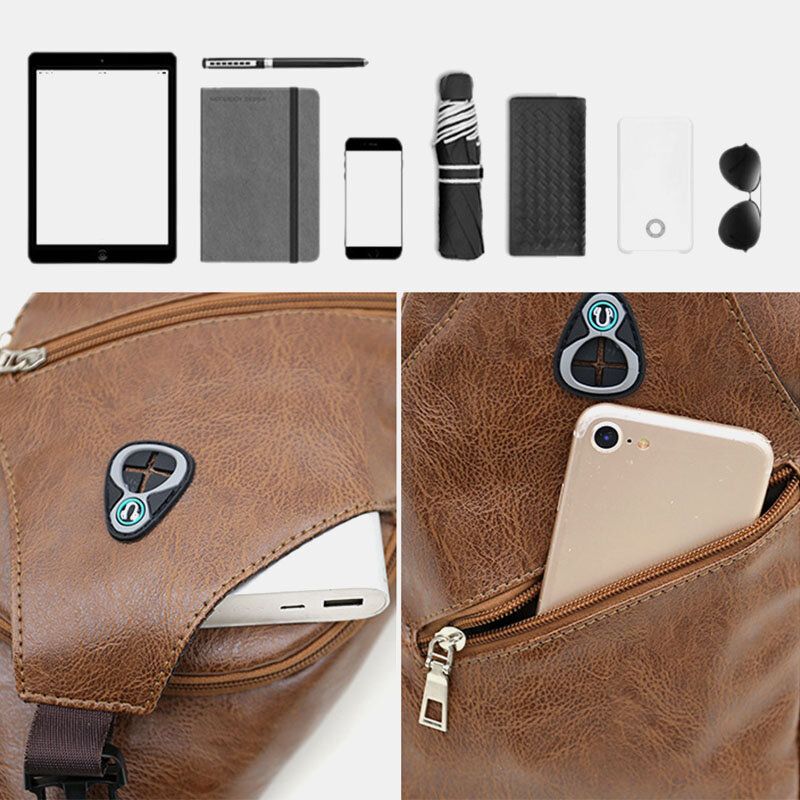 Hombres De Cuero De Imitación De Carga Usb Auriculares Viajes Retro Business Chest Bag Crossbody Bag