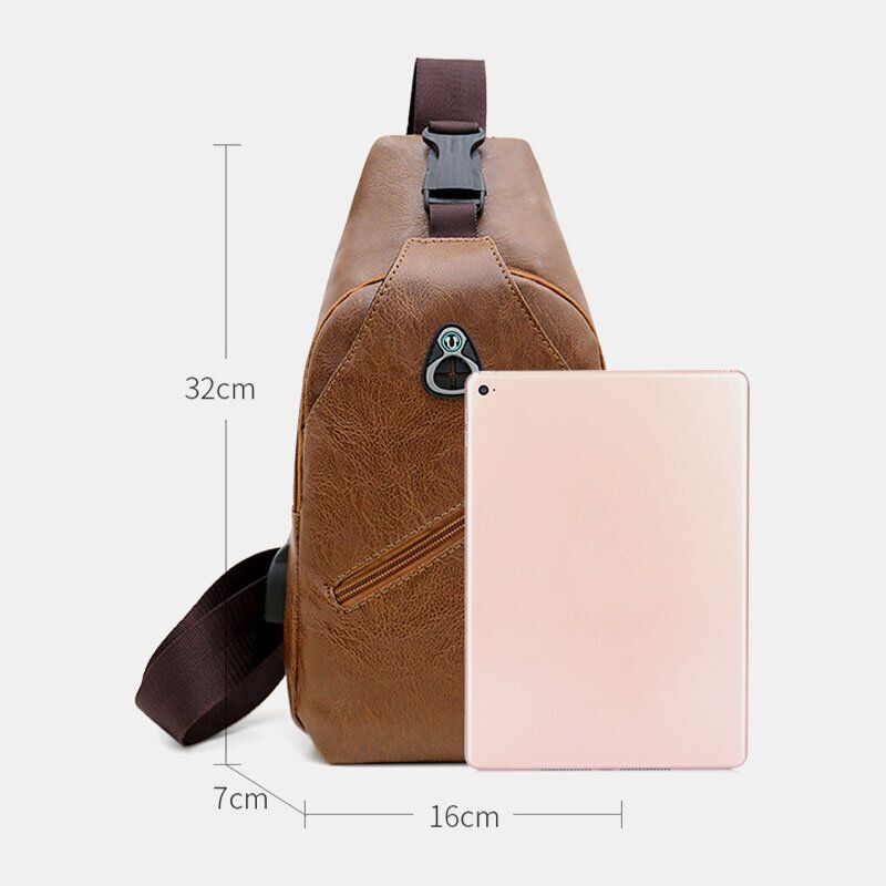 Hombres De Cuero De Imitación De Carga Usb Auriculares Viajes Retro Business Chest Bag Crossbody Bag