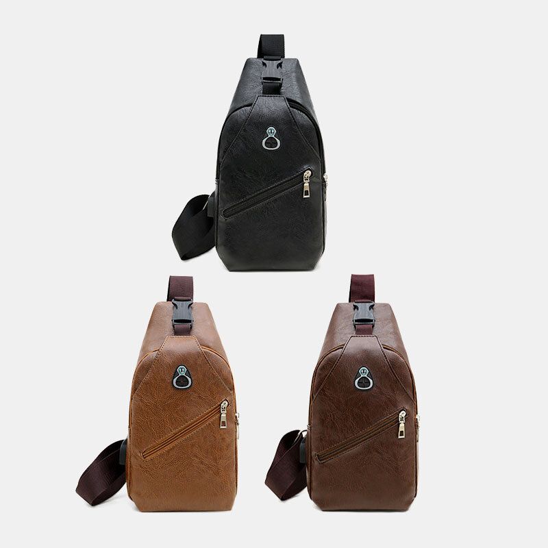 Hombres De Cuero De Imitación De Carga Usb Auriculares Viajes Retro Business Chest Bag Crossbody Bag