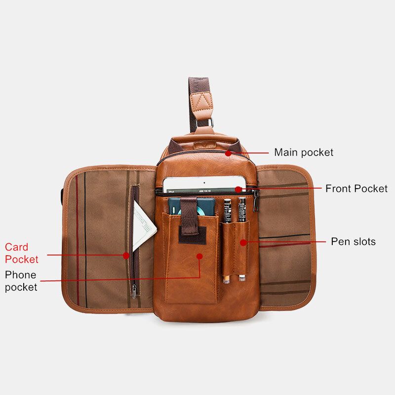 Hombres De Cuero De Pu De Gran Capacidad Multifunción Para Auriculares Agujero De Carga Usb Bolsas De Bandolera De Viaje Corto Bolso Bandolera Bolsa De Pecho