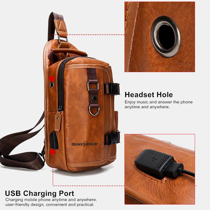 Hombres De Cuero De Pu De Gran Capacidad Multifunción Para Auriculares Agujero De Carga Usb Bolsas De Bandolera De Viaje Corto Bolso Bandolera Bolsa De Pecho