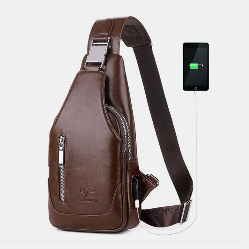 Hombres De Cuero De La Pu De Negocios Informal Al Aire Libre Impermeable Multi-transporte Bandolera Bandolera Bolsa De Pecho Con Carga Usb