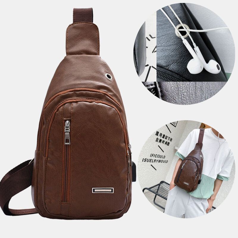 Hombres Pu Cuero Agujero Para Auriculares Multi-carry Bolso Bandolera Impermeable Bolso En El Pecho Bolso Bandolera