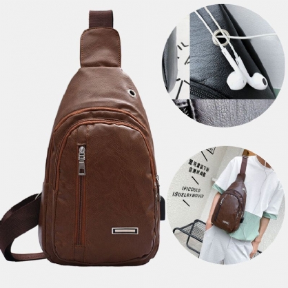 Hombres Pu Cuero Agujero Para Auriculares Multi-carry Bolso Bandolera Impermeable Bolso En El Pecho Bolso Bandolera